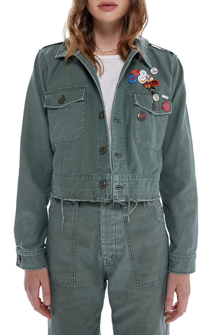 Mother Cropped Green Veteran Cotton Graphic Jacket Size L